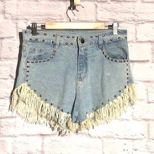 Darling Fringe Studded Denim Shorts NWOT 15” waist FREE a gift included 🔹